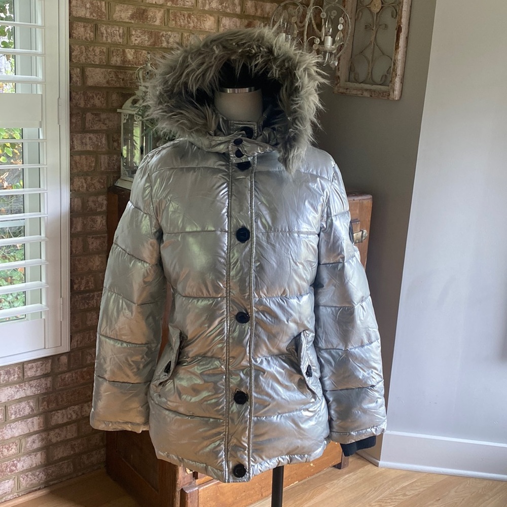DIESEL ITALY LUXURY SILVER FAUX FUR HOOD PUFFER JACKET GIRLS 16